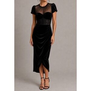 NEW‎ Mac Duggal Black Velvet Sheer Mesh Lace Cocktail Midi Dress 20742 Sz 2 $398